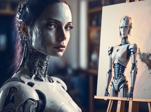 A robotic costume woman standing in front of a Robot painting