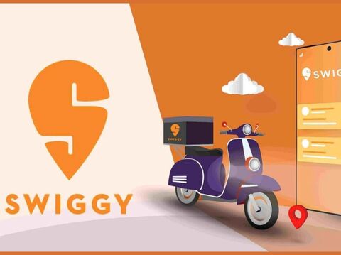 Illustration of a Swiggy delivery scooter next to a mobile screen showing the Swiggy app, with the Swiggy logo prominently displayed.