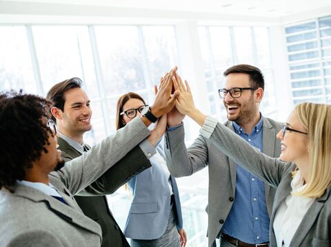 A team of professionals in a light-filled office, joyously completing a high-five, symbolizing teamwork and success