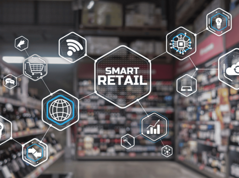 Digital concept of smart retail with connected service icons in a store