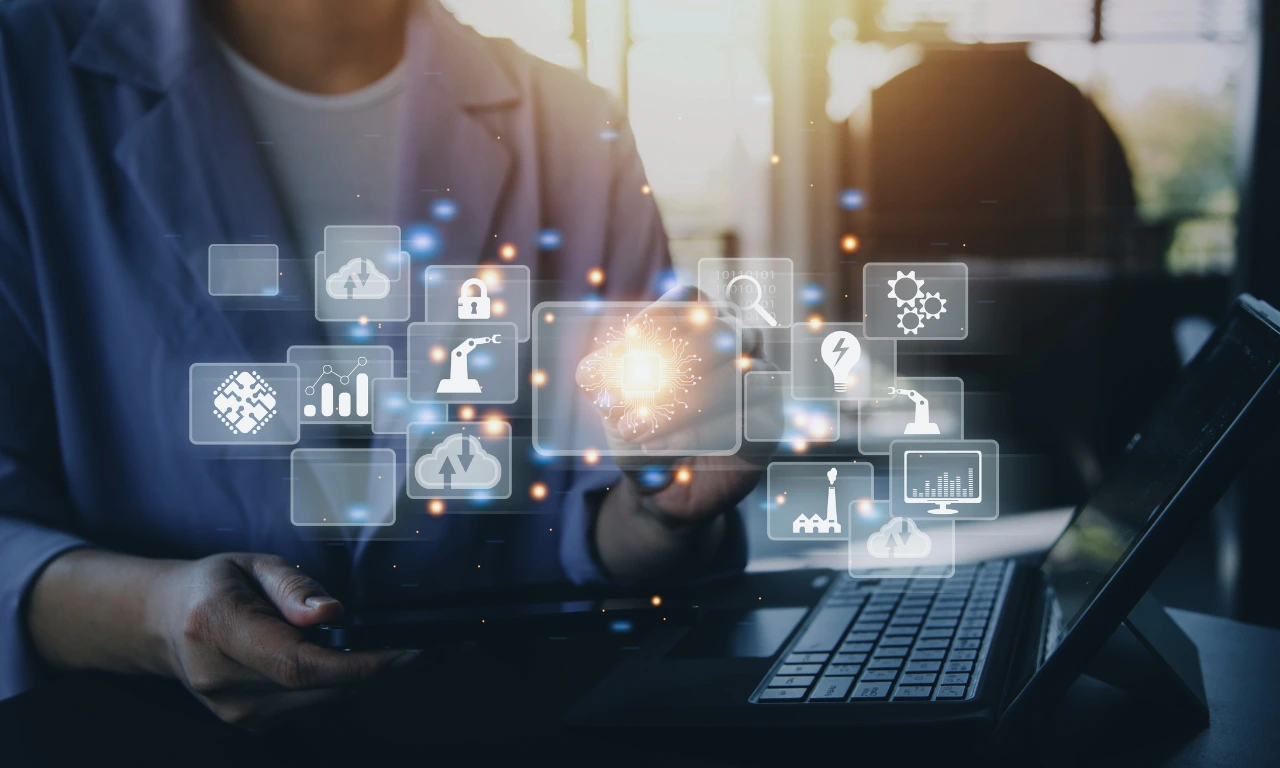 Business professional using digital toolkit icons such as CRM, AI, cloud, and analytics on a virtual screen to enhance dealer relations