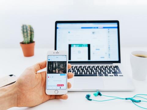 A hand holding a smartphone with social media open, with a laptop and cactus in the background