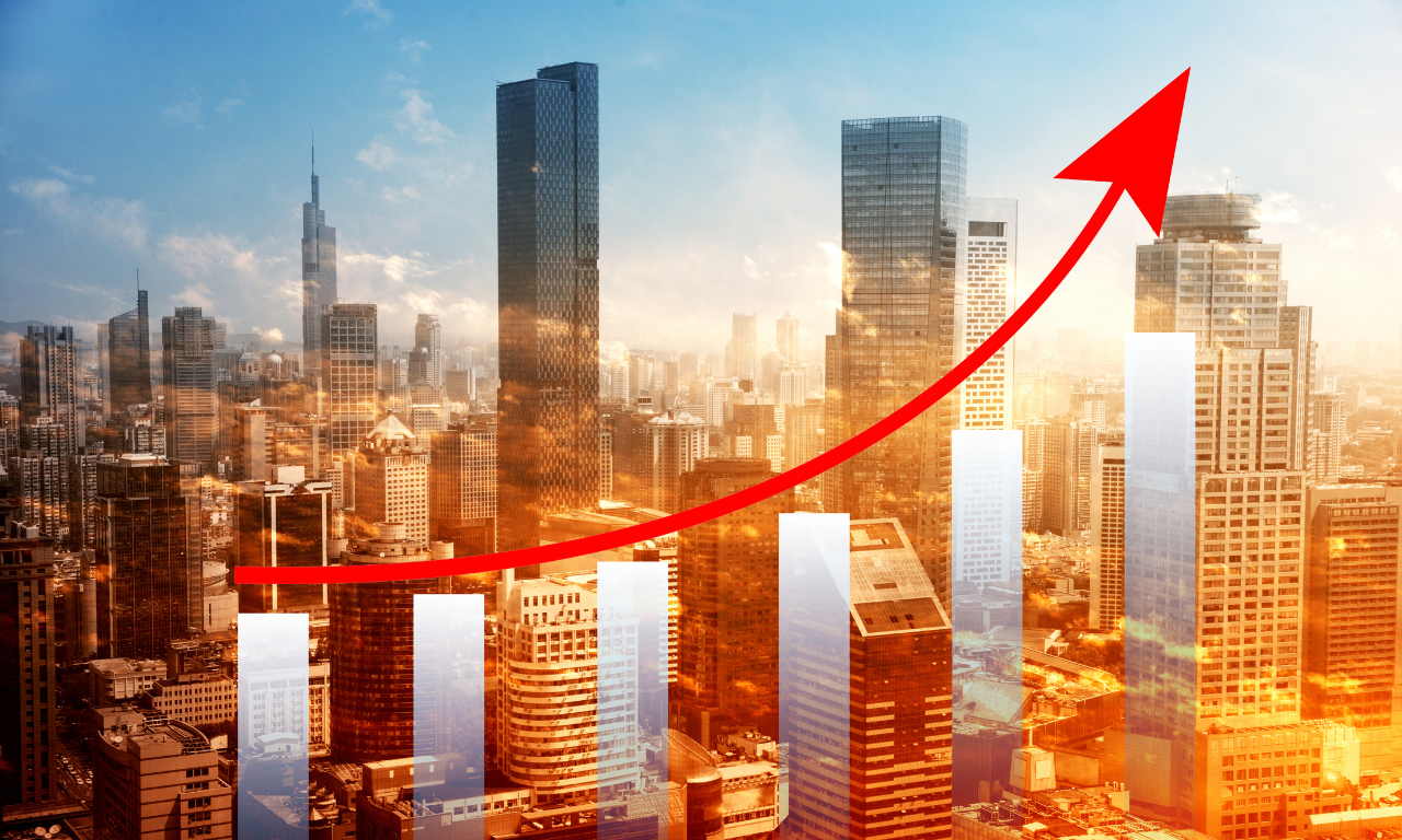 Graph with red arrow showing growth over urban skyline, symbolizing rising healthcare access in Tier-2 cities in India