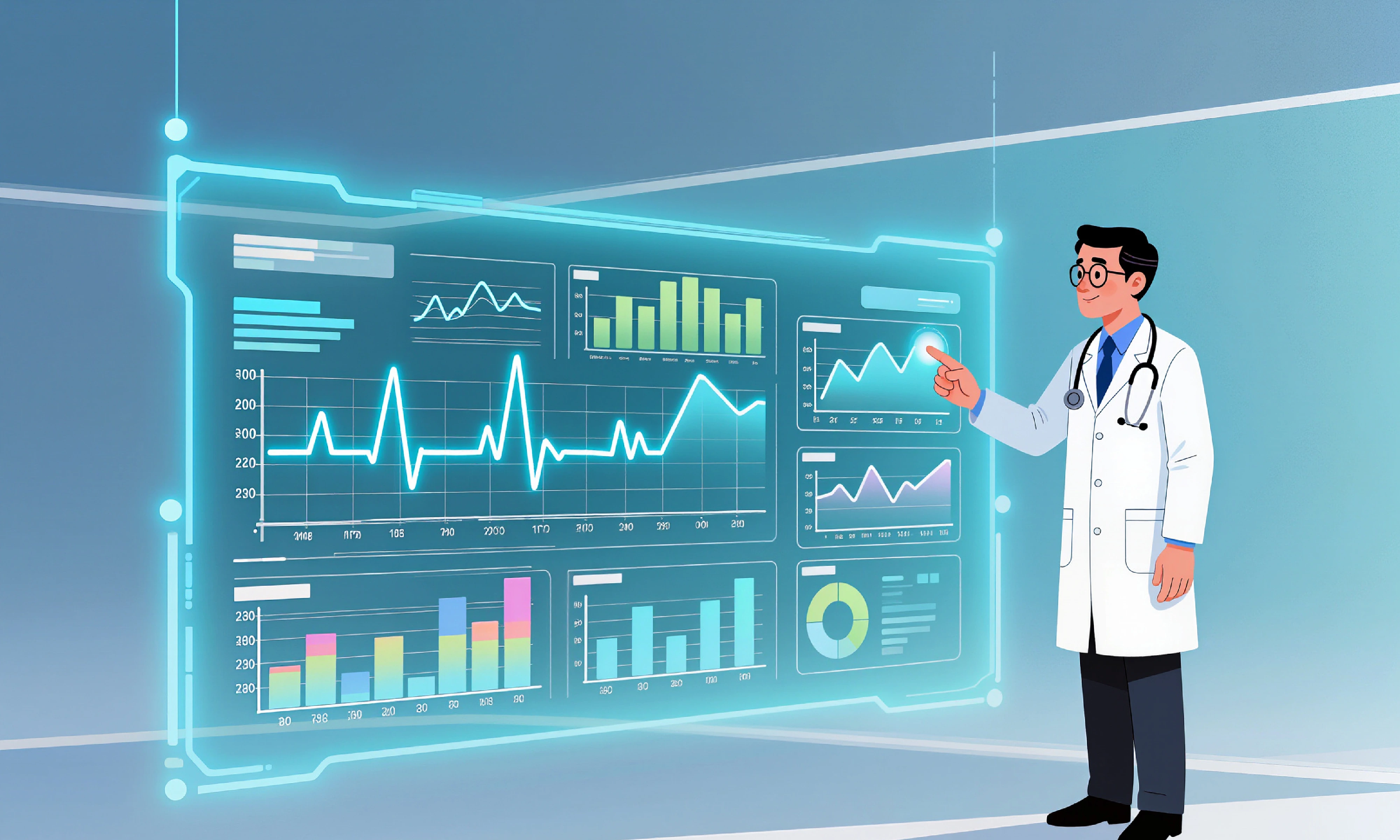Illustration of a doctor analysing digital health data and medical analytics on a futuristic virtual dashboard.