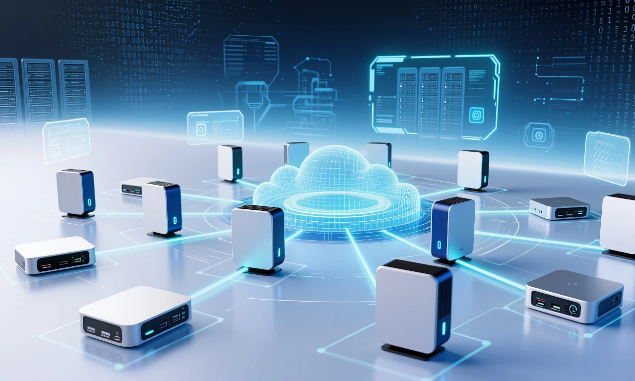Illustration of multiple connected medical devices synchronising data through a cloud-based digital health network, symbolising remote patient monitoring infrastructure.