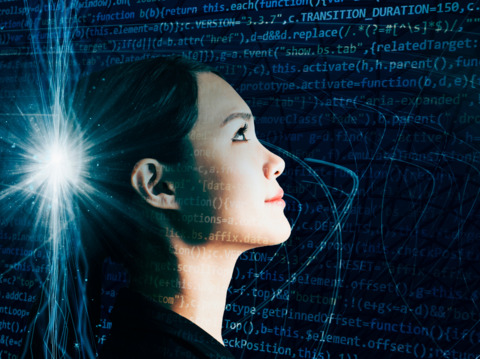 Woman's face surrounded by computer code and glowing streaks representing digital technology