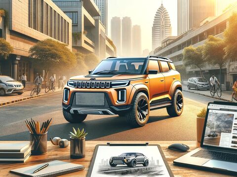 A futuristic Mahindra SUV electric vehicle model, showcased on a city street. The design sketch of the SUV is also visible on a tablet screen in the foreground