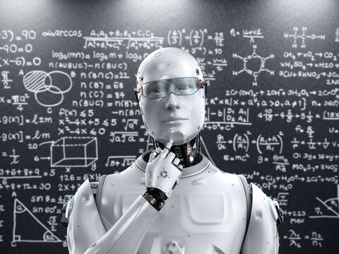 A humanoid robot with a thoughtful expression, standing in front of a chalkboard filled with complex mathematical equations