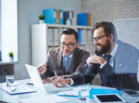 Two business consultants in suits, sitting at a desk, collaborating on a laptop in a modern office environment