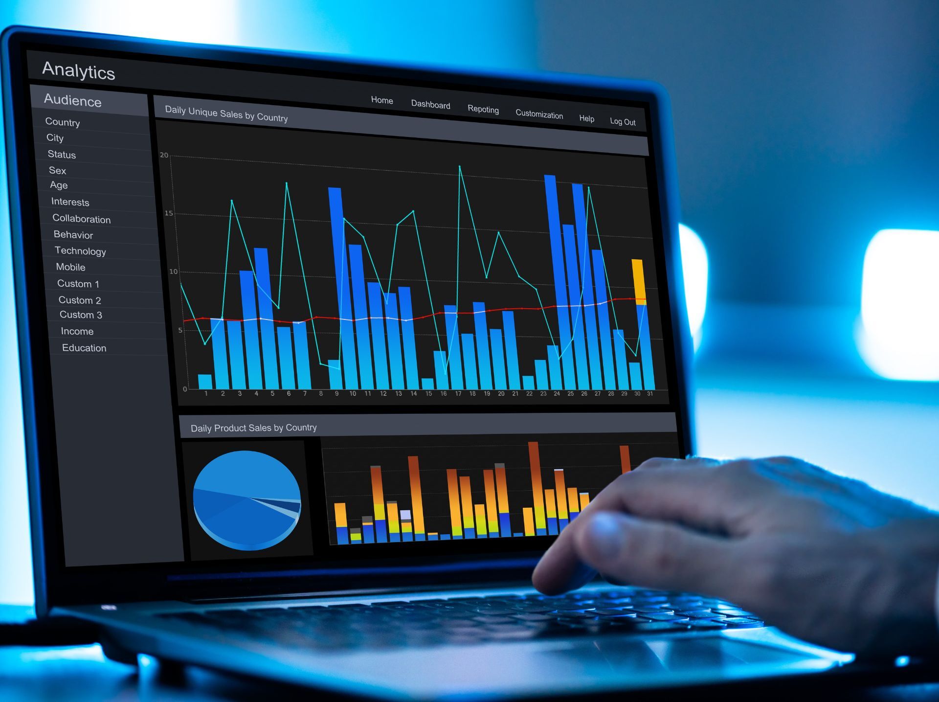 A close-up of a person working on a laptop displaying an analytics dashboard. The screen shows various charts and graphs, including bar graphs, line graphs, and a pie chart.