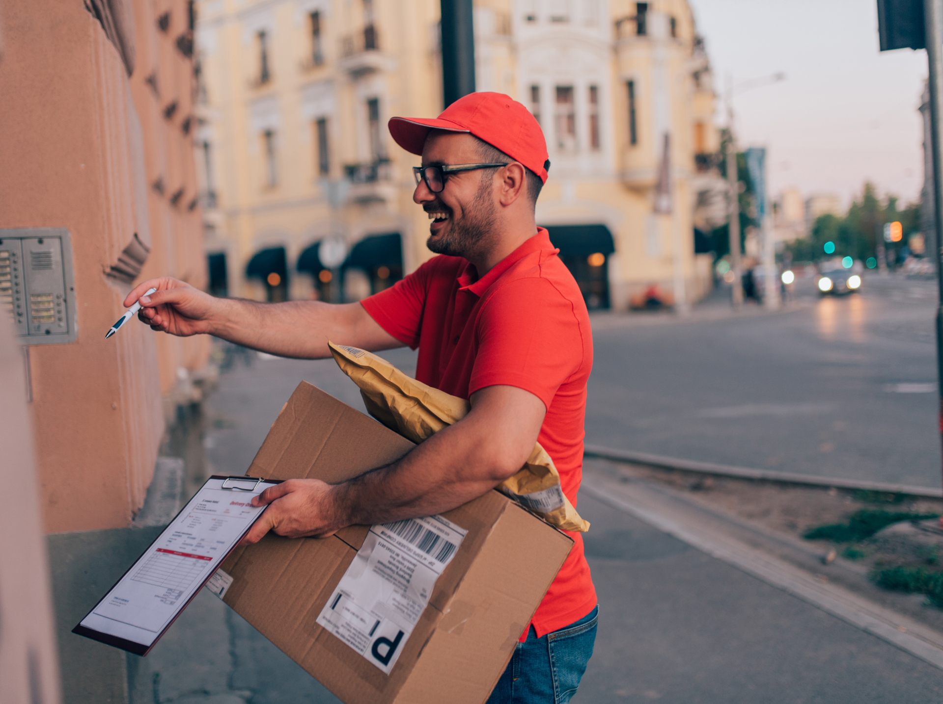 A delivery man holding a box